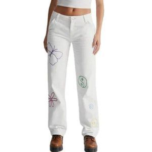 PACSUN EUC Graphic Low Rise Embroidered Carpenter White Jeans Size: 23